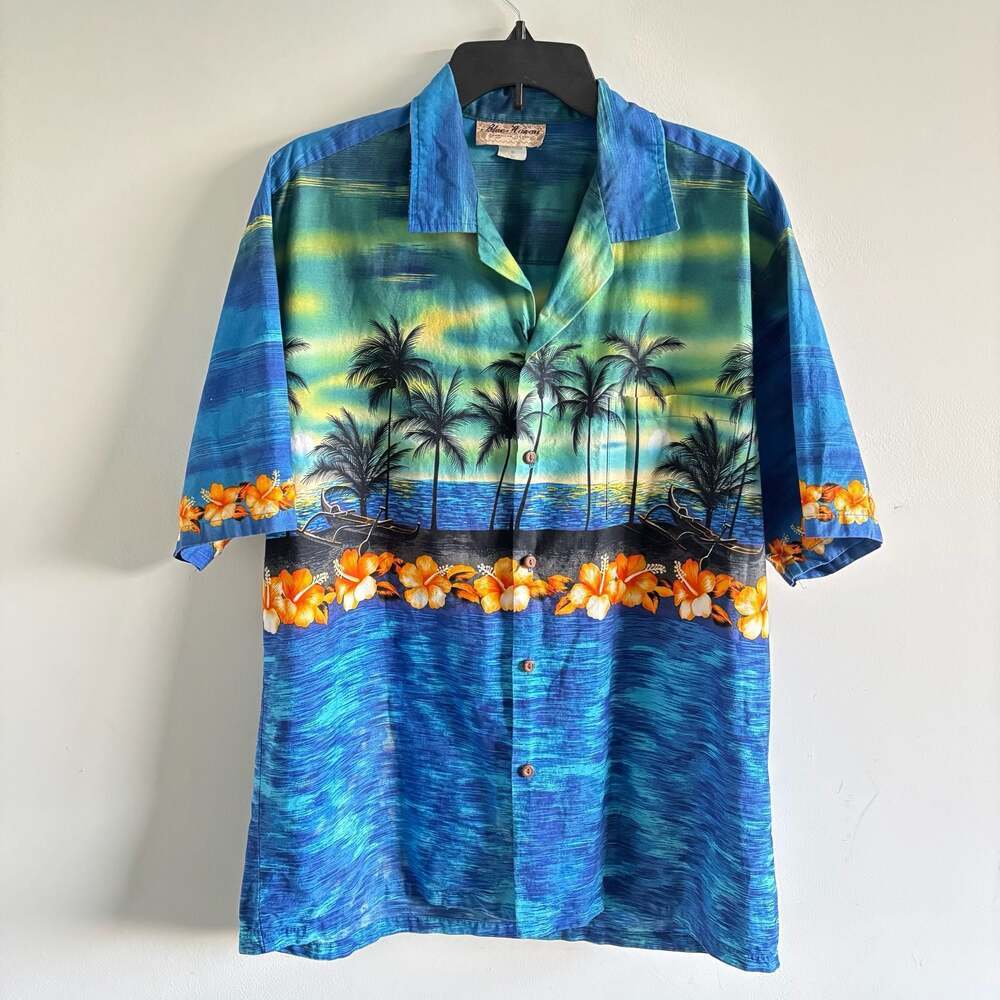Blue Hawaii Hawaiian Islands Blue Tropical Palm Tree Print Shirt XL